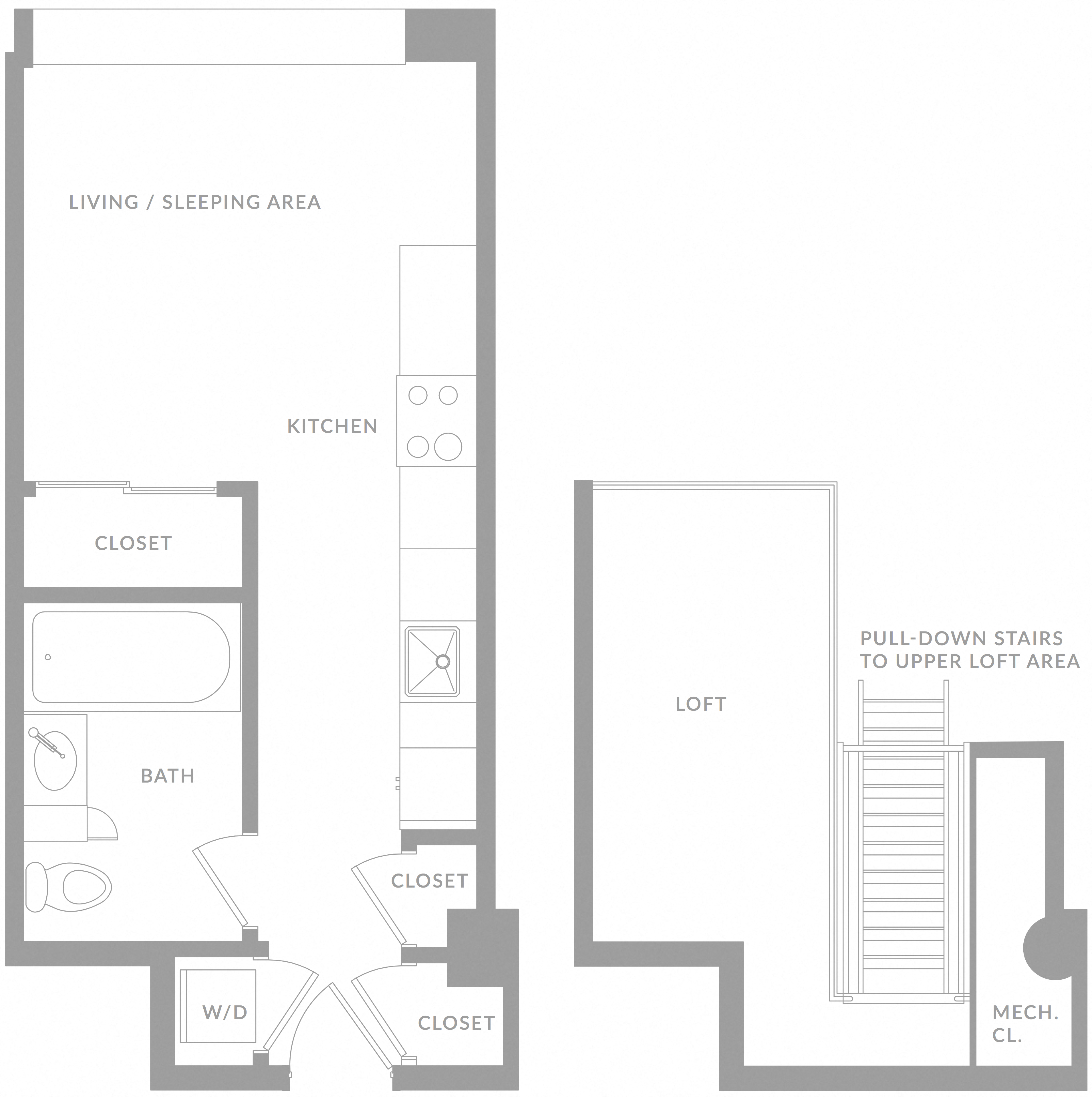 Floor plan for studio, 1 bath, 525 sqft